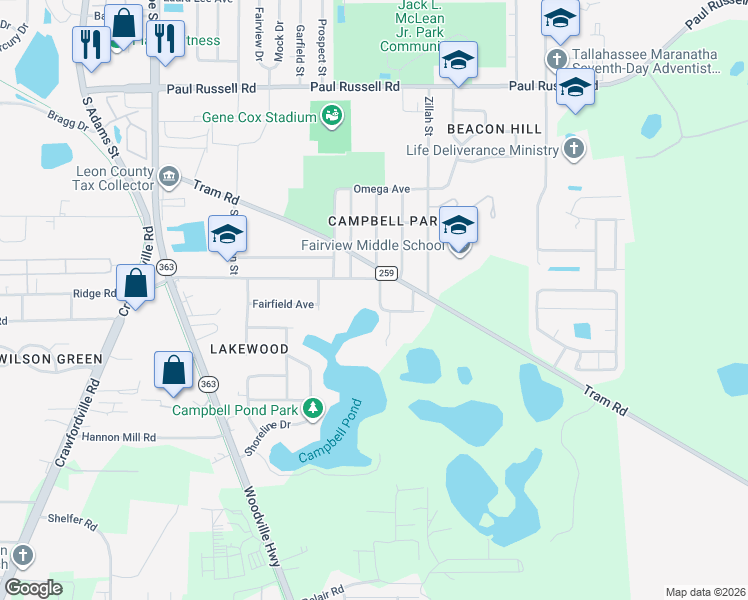 map of restaurants, bars, coffee shops, grocery stores, and more near 3510 Lillian Road in Tallahassee