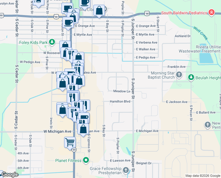map of restaurants, bars, coffee shops, grocery stores, and more near 413 Meadow Lane in Foley