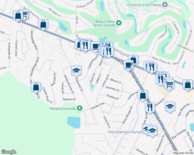 map of restaurants, bars, coffee shops, grocery stores, and more near 772 Libby Lane in Mandeville