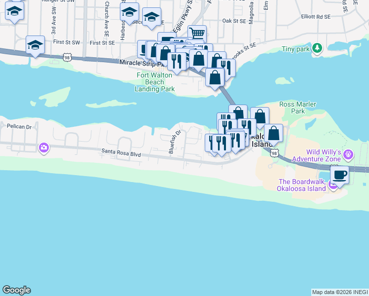 map of restaurants, bars, coffee shops, grocery stores, and more near 322 Bluefish Drive in Okaloosa Island