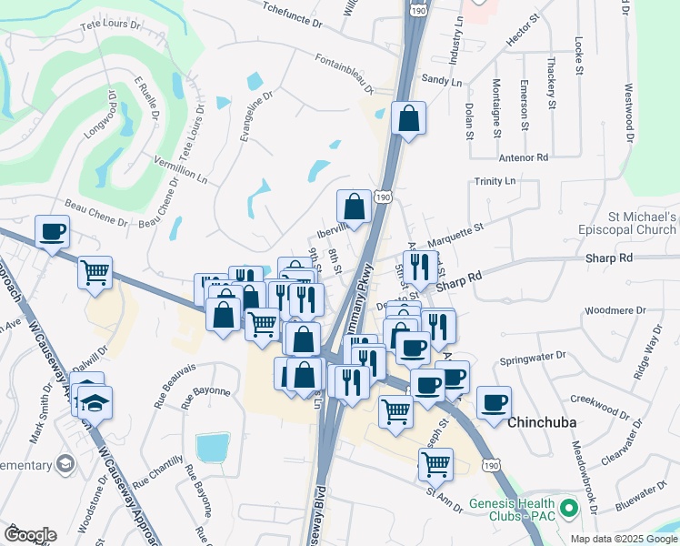 map of restaurants, bars, coffee shops, grocery stores, and more near 2225 8th Street in Mandeville