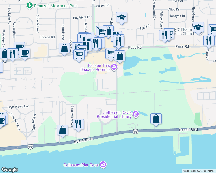 map of restaurants, bars, coffee shops, grocery stores, and more near 2326 Pinewood Drive in Biloxi