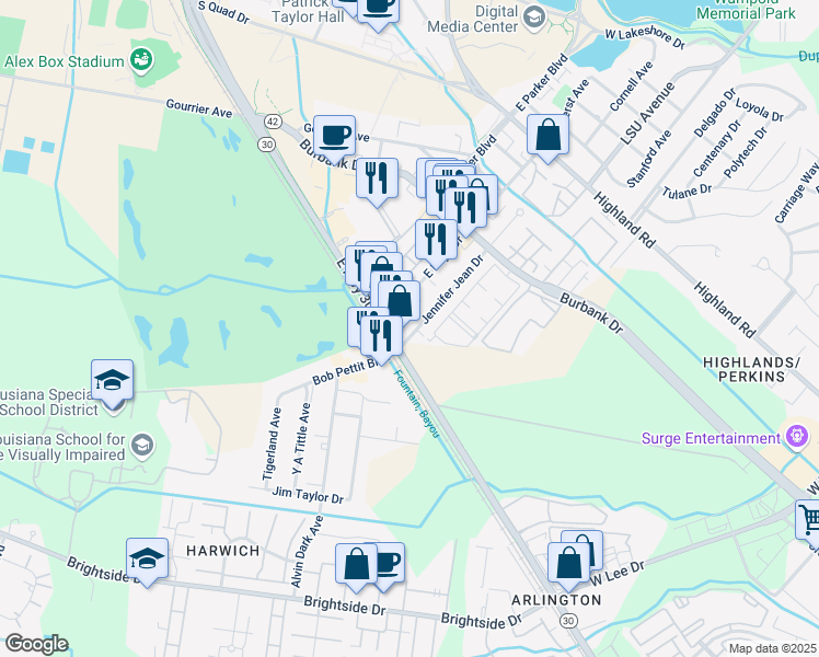 map of restaurants, bars, coffee shops, grocery stores, and more near 936 Jennifer Jean Drive in Baton Rouge
