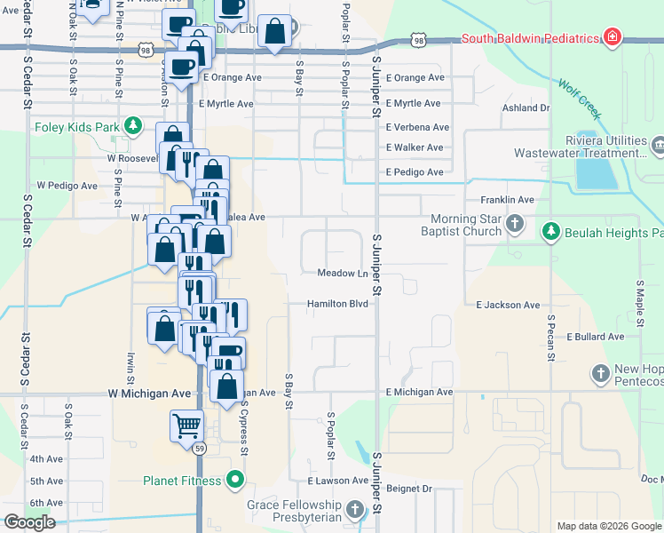 map of restaurants, bars, coffee shops, grocery stores, and more near 511 Meadow Lane in Foley