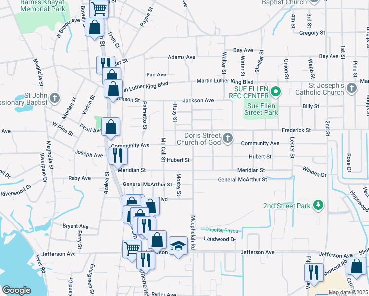 map of restaurants, bars, coffee shops, grocery stores, and more near 4730 Community Avenue in Moss Point