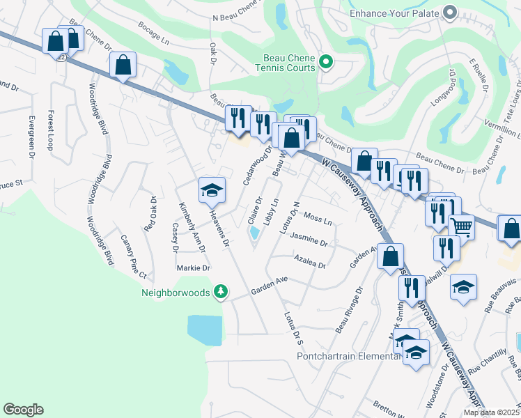 map of restaurants, bars, coffee shops, grocery stores, and more near 772 Libby Lane in Mandeville