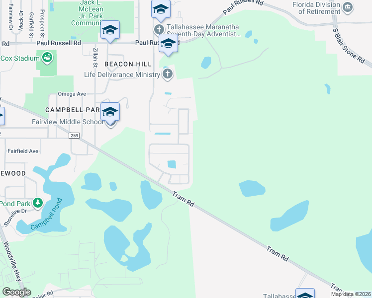 map of restaurants, bars, coffee shops, grocery stores, and more near 600 Brooke Hampton Dr in Tallahassee