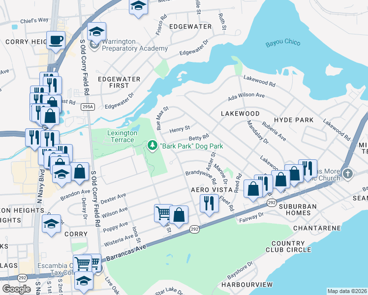 map of restaurants, bars, coffee shops, grocery stores, and more near 220 Milton Road in Pensacola