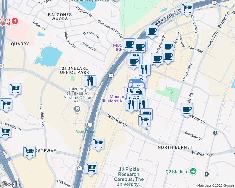 map of restaurants, bars, coffee shops, grocery stores, and more near 11101 North Mopac Expressway in Austin