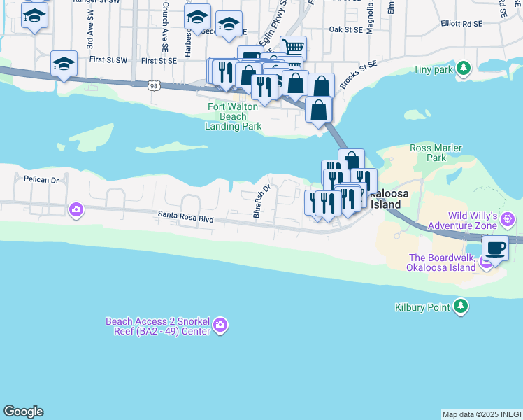 map of restaurants, bars, coffee shops, grocery stores, and more near 362 Bluefish Drive in Fort Walton Beach