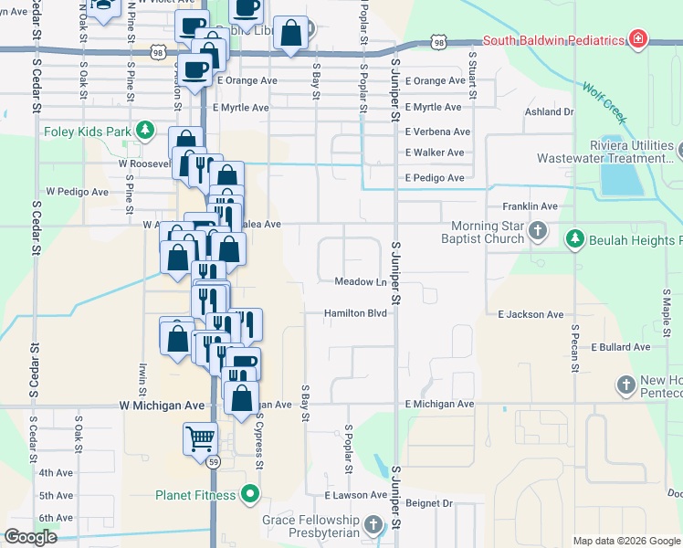 map of restaurants, bars, coffee shops, grocery stores, and more near 413 Meadow Lane in Foley