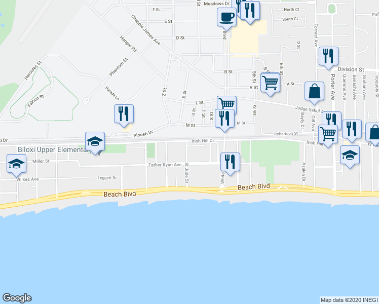map of restaurants, bars, coffee shops, grocery stores, and more near 172 Saint Jude Street in Biloxi