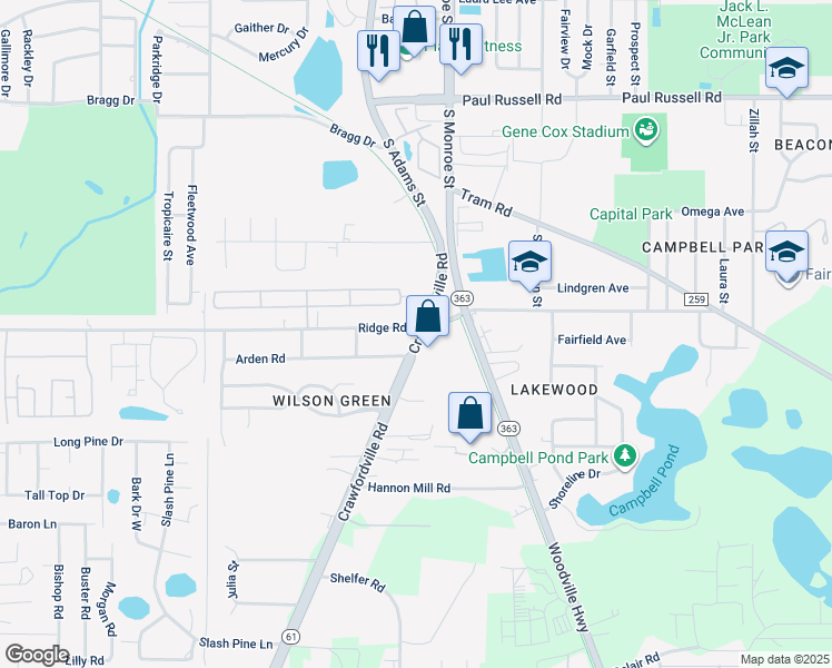 map of restaurants, bars, coffee shops, grocery stores, and more near 3502 Crawfordville Rd in Tallahassee