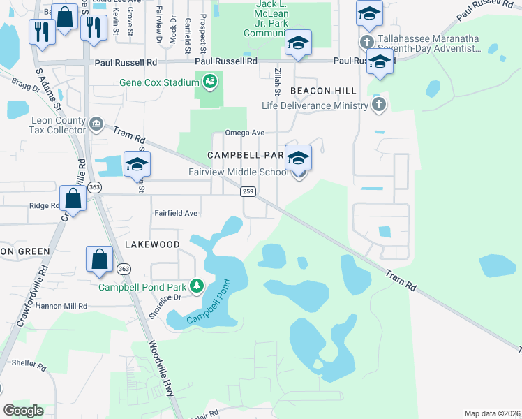 map of restaurants, bars, coffee shops, grocery stores, and more near 3504 Chauncey Road in Tallahassee