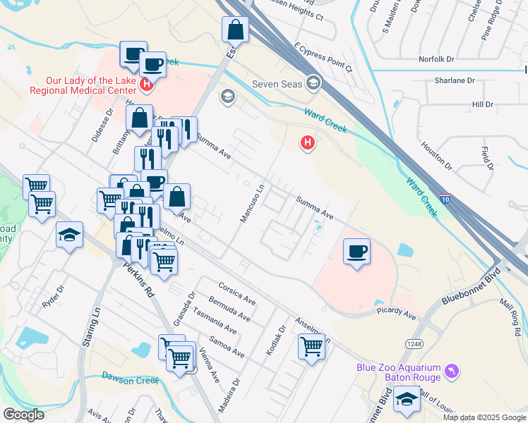 map of restaurants, bars, coffee shops, grocery stores, and more near 5223 Everett Lane in Baton Rouge