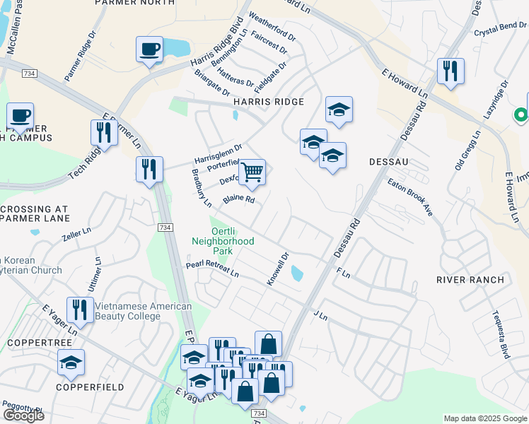 map of restaurants, bars, coffee shops, grocery stores, and more near 12729 Bartholdi Street in Austin
