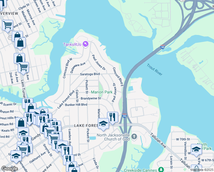 map of restaurants, bars, coffee shops, grocery stores, and more near 8118 Lexington Drive in Jacksonville