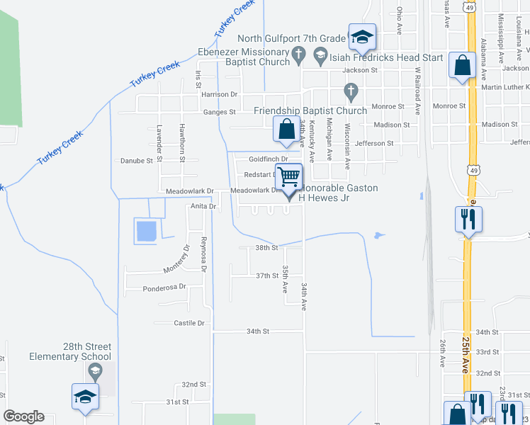 map of restaurants, bars, coffee shops, grocery stores, and more near 4721 Cardinal Drive in Gulfport