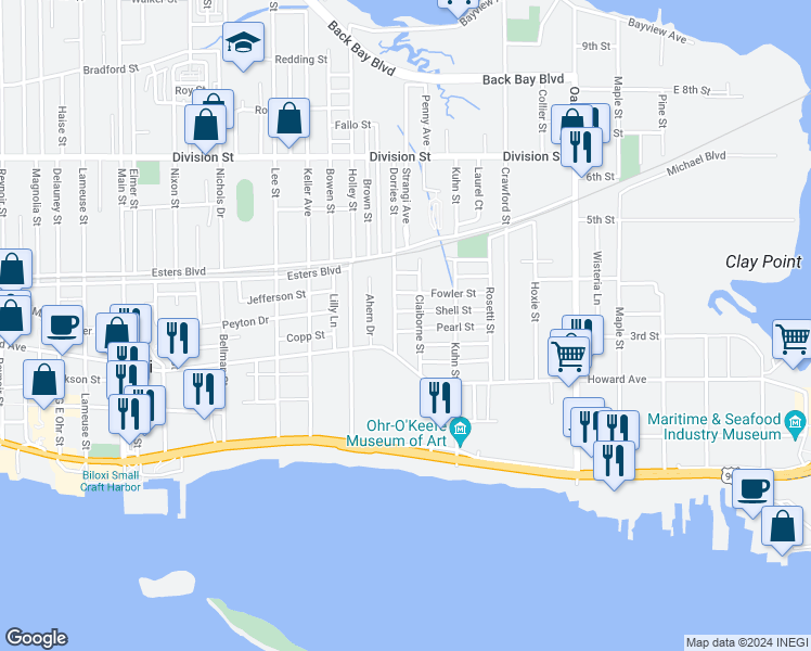 map of restaurants, bars, coffee shops, grocery stores, and more near 444 Pearl Street in Biloxi