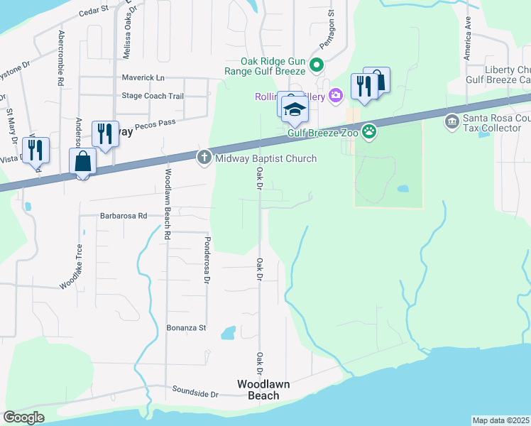 map of restaurants, bars, coffee shops, grocery stores, and more near 1688 Oak Drive in Gulf Breeze