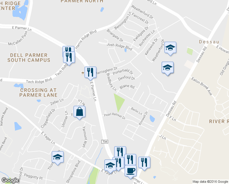 map of restaurants, bars, coffee shops, grocery stores, and more near 1223 Bradbury Ln in Austin