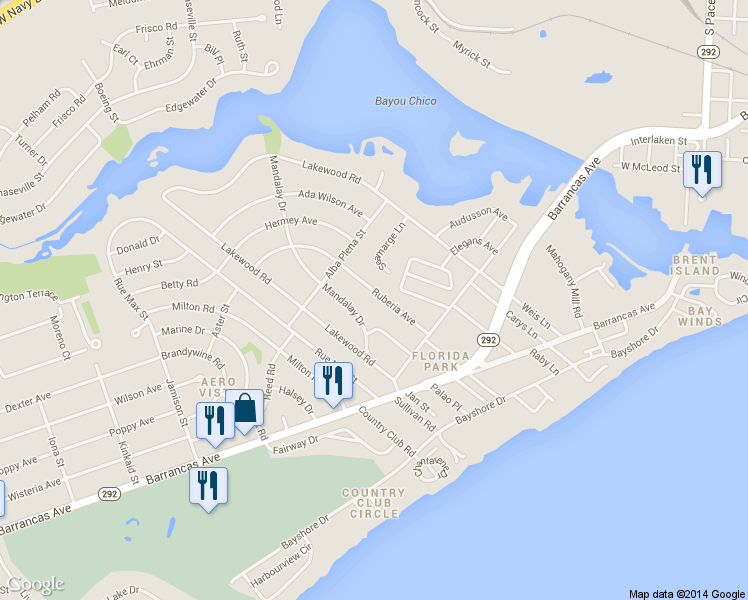 map of restaurants, bars, coffee shops, grocery stores, and more near 107 Ruberia Avenue in Pensacola