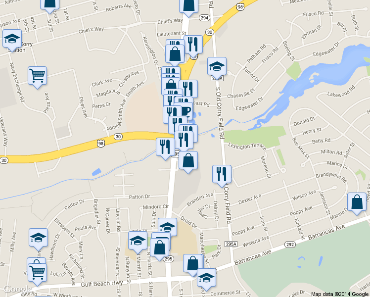 map of restaurants, bars, coffee shops, grocery stores, and more near 630 North Navy Boulevard in Pensacola