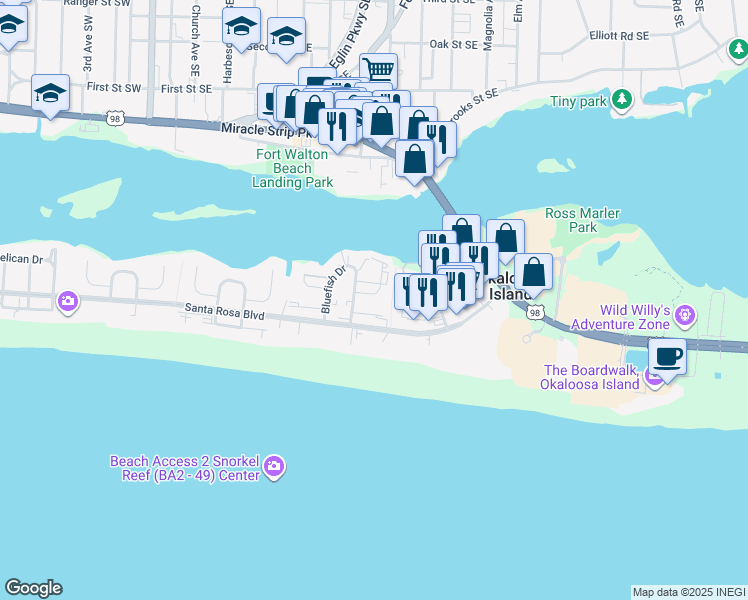 map of restaurants, bars, coffee shops, grocery stores, and more near 312 Bream Avenue in Fort Walton Beach