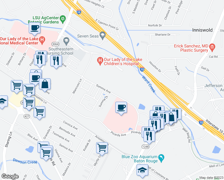 map of restaurants, bars, coffee shops, grocery stores, and more near 8621 Summa Avenue in Baton Rouge