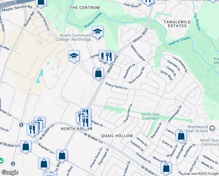map of restaurants, bars, coffee shops, grocery stores, and more near 1913 Prairie Knoll Court in Austin