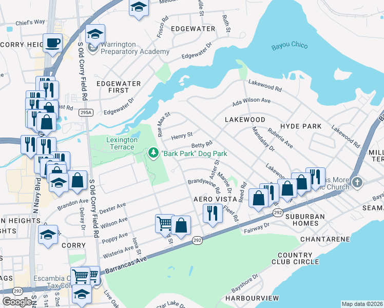 map of restaurants, bars, coffee shops, grocery stores, and more near 220 Milton Road in Pensacola