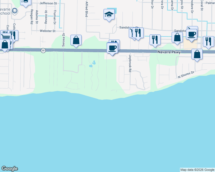 map of restaurants, bars, coffee shops, grocery stores, and more near 1706 Sound Haven Court in Navarre