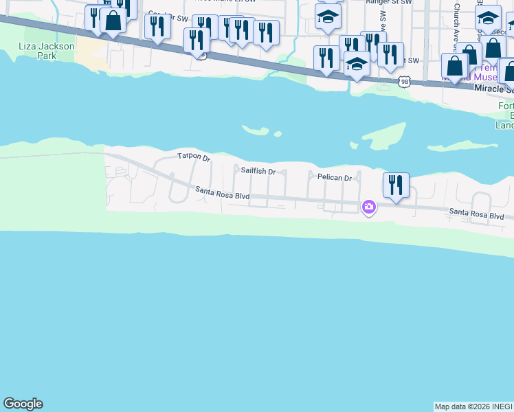 map of restaurants, bars, coffee shops, grocery stores, and more near in Okaloosa Island
