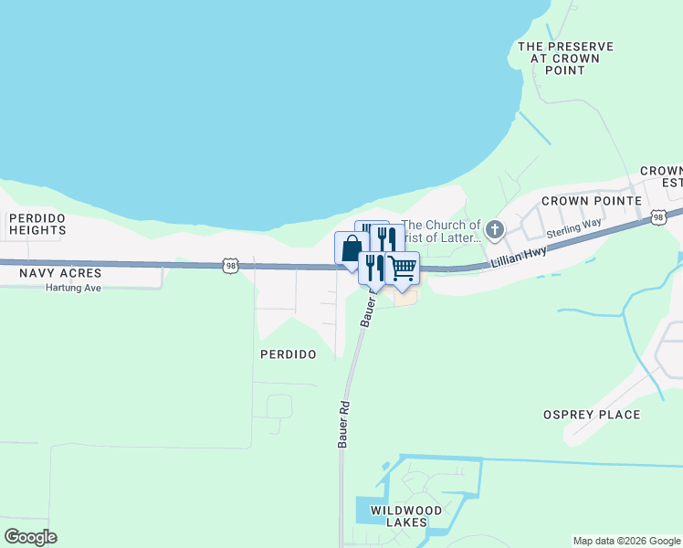 map of restaurants, bars, coffee shops, grocery stores, and more near 1008 Joaquin Road in Pensacola