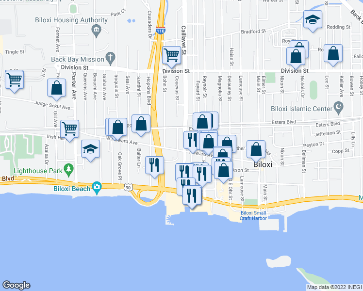 map of restaurants, bars, coffee shops, grocery stores, and more near 912 Howard Avenue in Biloxi