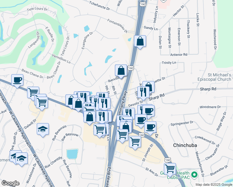 map of restaurants, bars, coffee shops, grocery stores, and more near 2225 8th Street in Mandeville