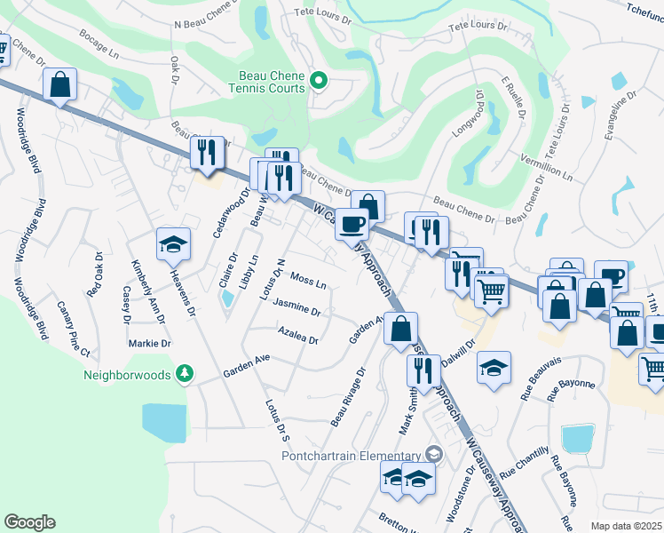 map of restaurants, bars, coffee shops, grocery stores, and more near 635 Village Lane South in Mandeville