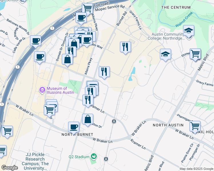 map of restaurants, bars, coffee shops, grocery stores, and more near 2700 Esperanza Crossing in Austin