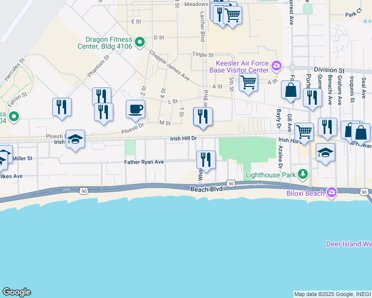 map of restaurants, bars, coffee shops, grocery stores, and more near 182 Keesler Circle in Biloxi
