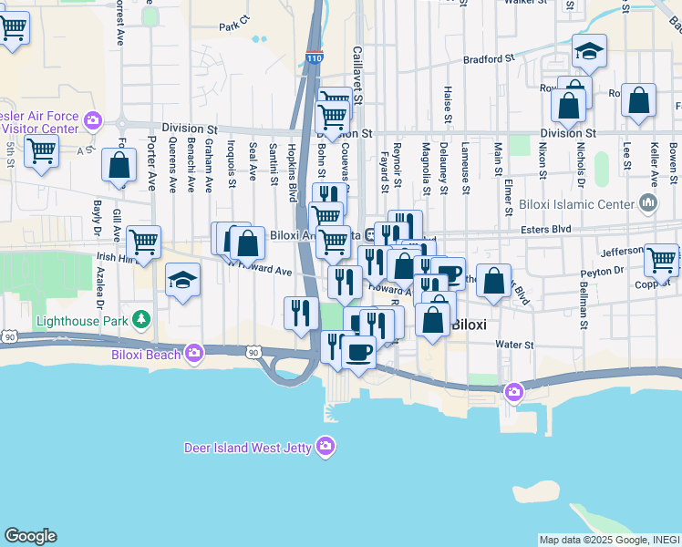 map of restaurants, bars, coffee shops, grocery stores, and more near 912 Howard Ave in Biloxi