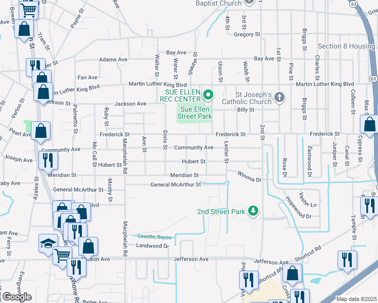 map of restaurants, bars, coffee shops, grocery stores, and more near 3906 Mattson Street in Moss Point