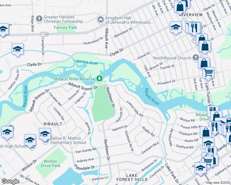 map of restaurants, bars, coffee shops, grocery stores, and more near 2324 Forest Hills Road in Jacksonville