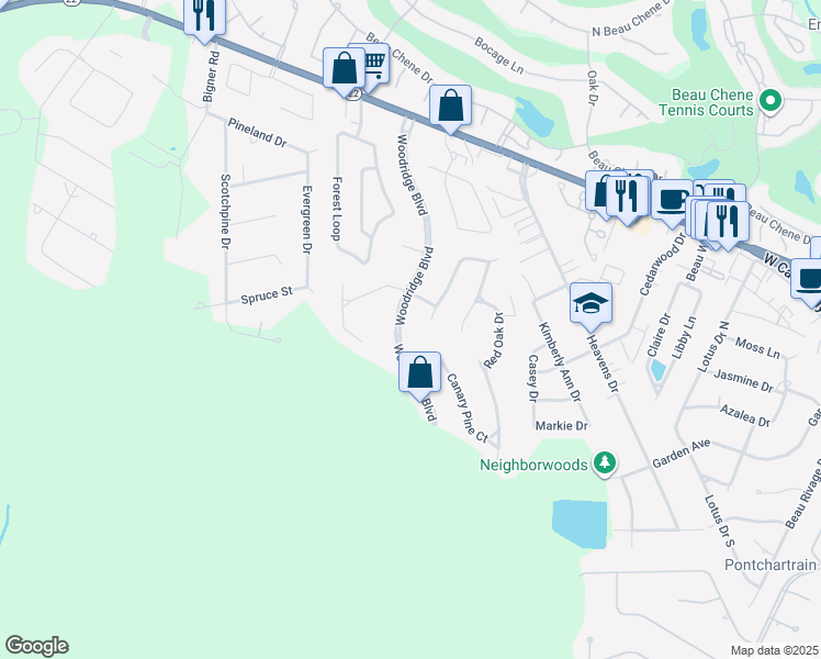 map of restaurants, bars, coffee shops, grocery stores, and more near 521 Woodridge Blvd in Mandeville