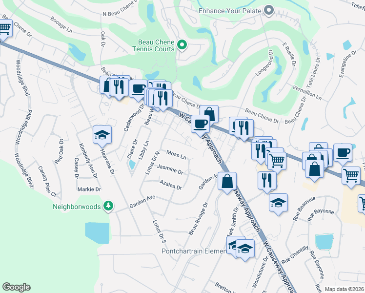 map of restaurants, bars, coffee shops, grocery stores, and more near 635 Village Lane South in Mandeville