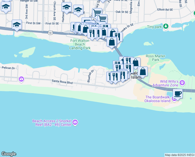 map of restaurants, bars, coffee shops, grocery stores, and more near 311 Bluefish Drive in Fort Walton Beach