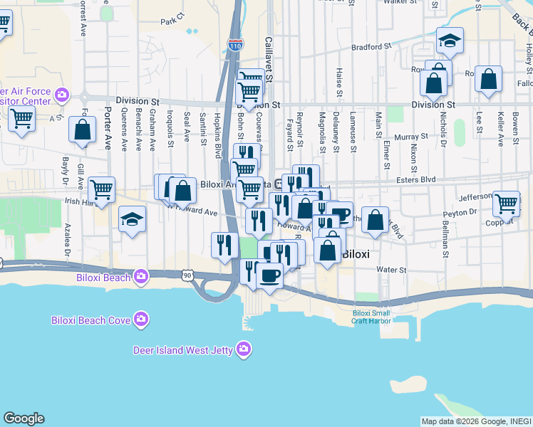 map of restaurants, bars, coffee shops, grocery stores, and more near 912 Howard Avenue in Biloxi