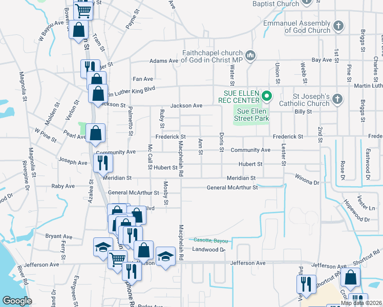 map of restaurants, bars, coffee shops, grocery stores, and more near 4812 Community Avenue in Moss Point