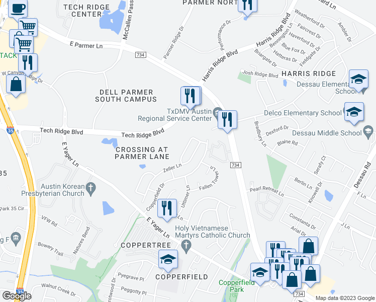 map of restaurants, bars, coffee shops, grocery stores, and more near 12521 Wethersby Way in Austin