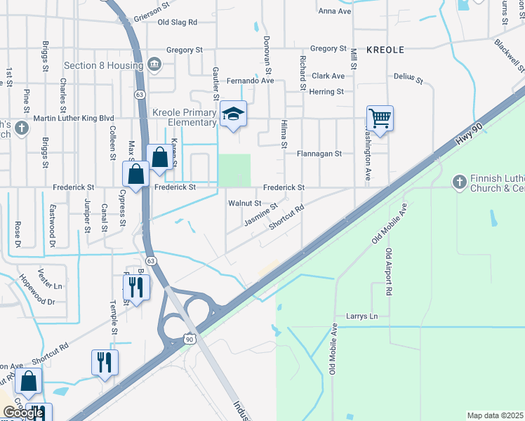 map of restaurants, bars, coffee shops, grocery stores, and more near 6443 Jasmine Street in Moss Point