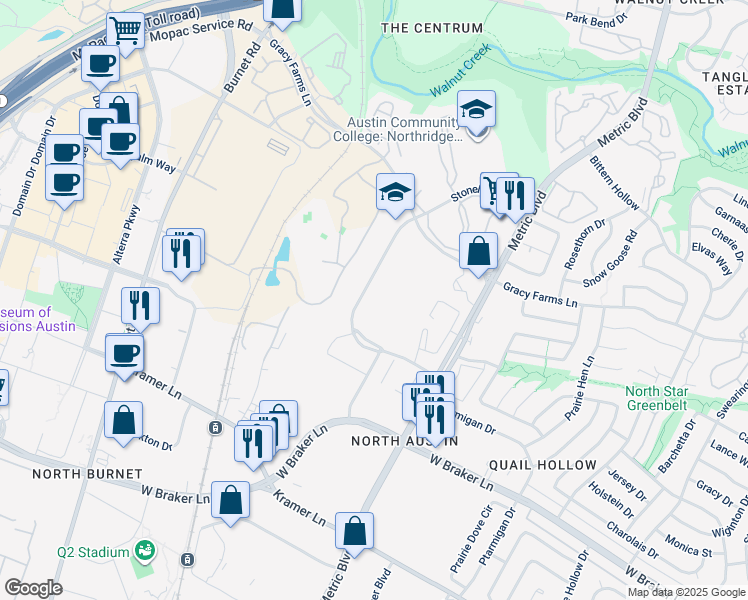 map of restaurants, bars, coffee shops, grocery stores, and more near 11701 Stonehollow Drive in Austin